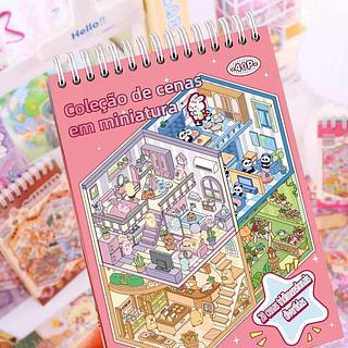 Caderno de adesivos 3D de cenas em miniatura + Pinça (8 Cenários)