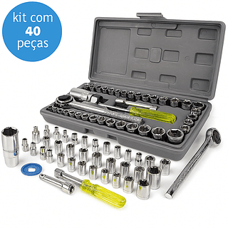 Kit Jogo Soquetes C/ Catraca Sextavado 40 Peças Reversível