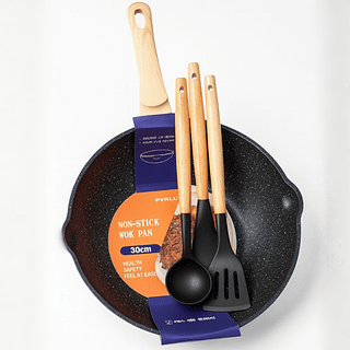 Frigideira Antiaderente 30cm com Cabo de Madeira + Kit 3 Utensílios ( NA COR PRETA E VERDE)